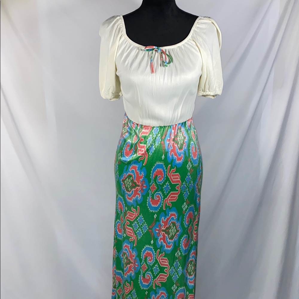 Vintage 70s Acetate Peasant Maxi Dress Psychedelic Tribal Green